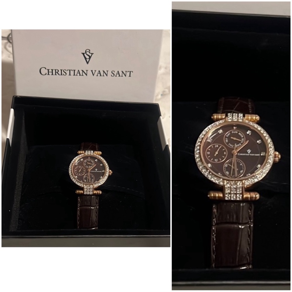 Christian Van Sant Brown and Gold Watch with Rhinestones